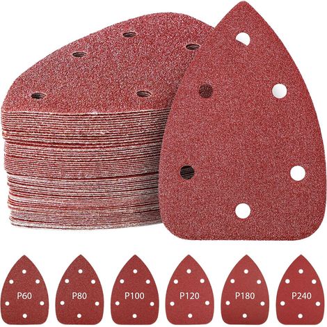 Papier Poncer Triangulaire,Lot de 60 6 trous avec crochet et boucle,grain 60/80/100/120/180/240,adapté au polissage de la surface de divers matériaux tels que le bois, le métal,le plastique (1/5)