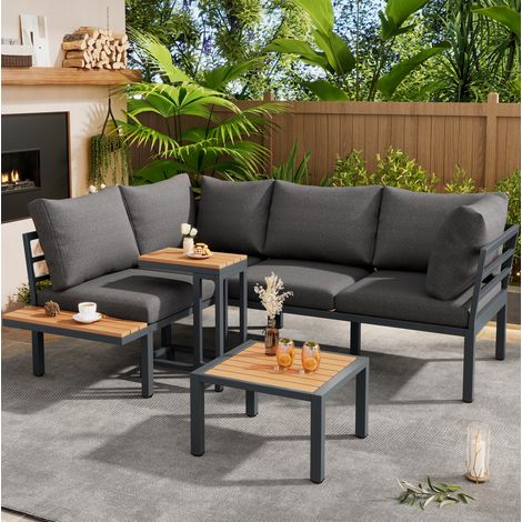 Sofá jardín exterior con mesas y otomana gris negro HAVRYA (1/5)