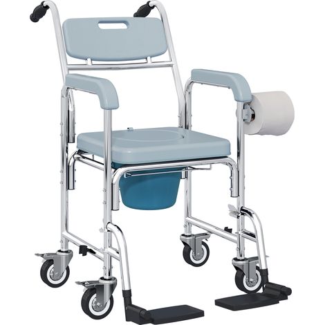 Chaise percée adulte à roulettes, chaise percée de douche avec repose-pieds, dossier et accoudoirs, 53x97x97cm, gris