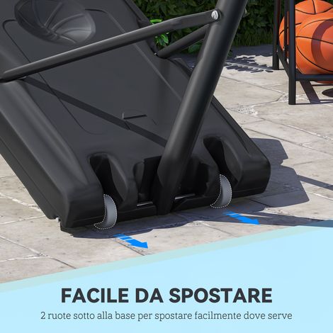 Panneau transparent en PVC, panier de basket ajustable de 160 à 305 cm, structure acier sur roulettes, base mobile.