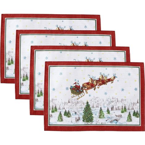 Sets de table décoratifs de Noël - Ensemble de 4 pièces en tissu avec traîneau du Père Noël enneigé, 33 cm de large x 48 cm de long, parfait pour les repas de fêtes, décorations de table festives (1/5)