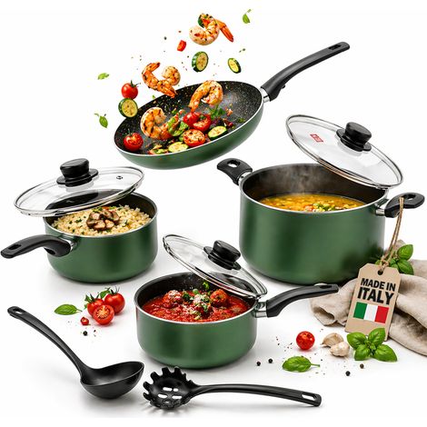 Batteria di Pentole 9 Pezzi Natura Più Antiaderente in Alluminio Pressofuso con Manici Cool Touch e Coperchi Verde (1/4)