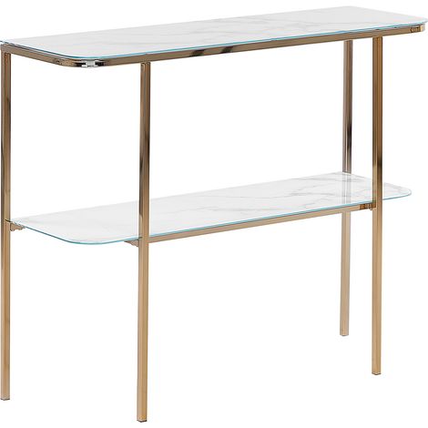Consola de vidrio templado metal blanco dorado 100 x 33 cm efecto mármol glamour moderno sala de estar dormitorio Calvert (1/5)