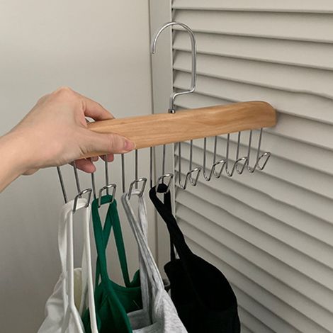 Porte-casquettes multifonctionnel sans perçage, avec 8 crochets, en bois et acier inoxydable, kaki, idéal pour les dortoirs étudiants. (1/5)