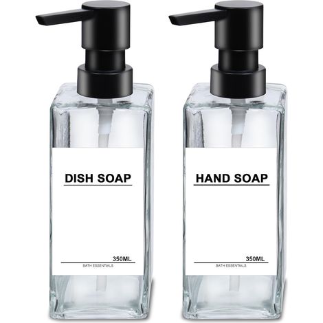 Distributeur de Savon en Verre Transparent 350ml Pack de 2 Distributeur Shampoing et Gel Douche à Remplir Distributeur Savon et Liquide Vaisselle avec Tête de Pompe en Plastique pour Lotion Douche'Par (1/5)