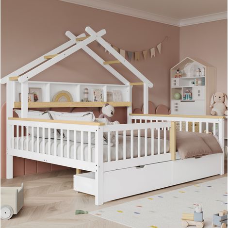 Kinderbett Hausbett 140x200 cm mit Rundum-Fallschutz, 2 Schubladen, Kiefernholz und MDF, Weiß/Natur (1/5)