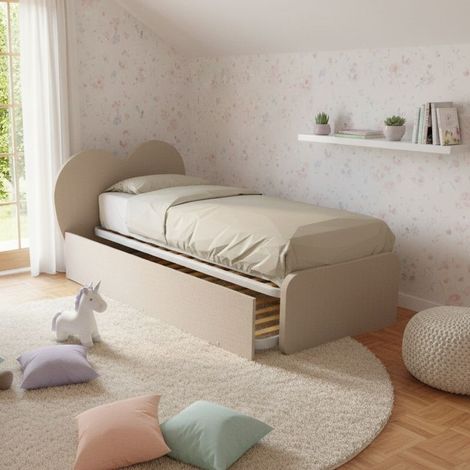 Letto singolo a cuore "Cupidor" con secondo letto estraibile - Effetto tessuto