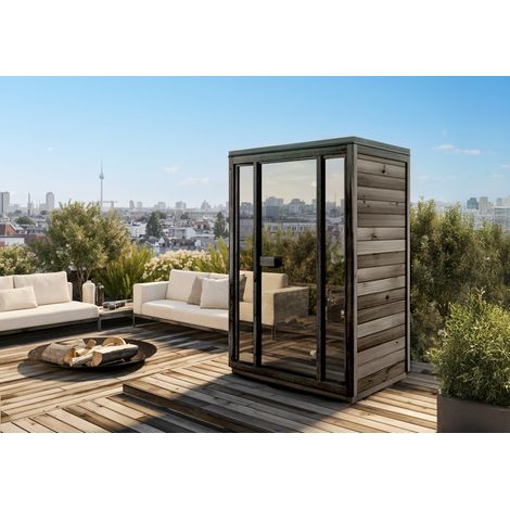 FinnTherm Gartensauna Kuuma S black mit Spiegelglas Gartensauna 2 Sitzbänke aus Holz in Schwarz, Sauna mit 42 mm Wandstärke, Außensauna mit Montagematerial
