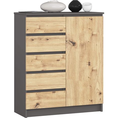 Akord – Commode enfant 80 cm – 1 porte – 5 tiroirs – 3 étagères – Panneau stratifié – Façade chêne artisan – Corps gris graphite – Dimensions 80x35x97 cm