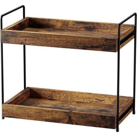 Étagère sur pied en bois - Plan de travail - Étagère de cuisine à 2 niveaux - Support en métal - Étagère de rangement pour salle de bain - Support à épices - Plateau de vanité (1/5)