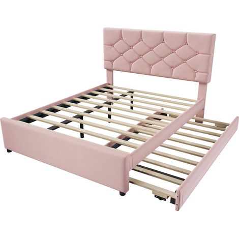 Letto Estraibile Letto Matrimoniale con Letto Ausiliario, 140×200 cm e 90×190 cm, senza Materasso, Rosa (1/5)