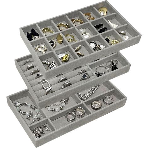Lot de 3 plateaux empilables en velours gris pour bijoux, rangement et présentation. Boîte à bijoux, présentoir, organisateur de tiroir pour boucles d'oreilles, colliers, bracelets et bagues. (1/5)