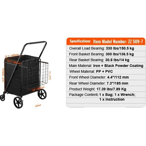 Panier de Shopping, Grande Capacité, Roues Pivotantes à 360°, 330LBS (1/2)