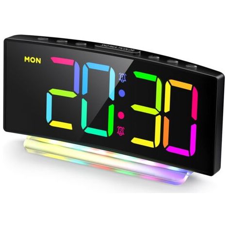 Réveil Numérique LED Courbé Avec Lumière RGB, Double Alarme, 12/24H, Luminosité Réglable (Adaptateur Inclus) (1/5)