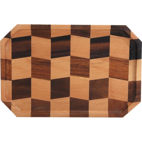 Plateau à fruits en bois, plateau à thé et à dessert en bois, motif quadrillé, assiette de service rectangulaire 30 x 20 cm (1/4)