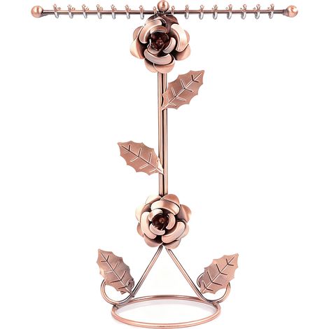 Présentoir à bijoux élégant en forme de rose 3D, stable, en métal électroplaqué bronze, pour colliers, bracelets et boucles d'oreilles. (1/5)