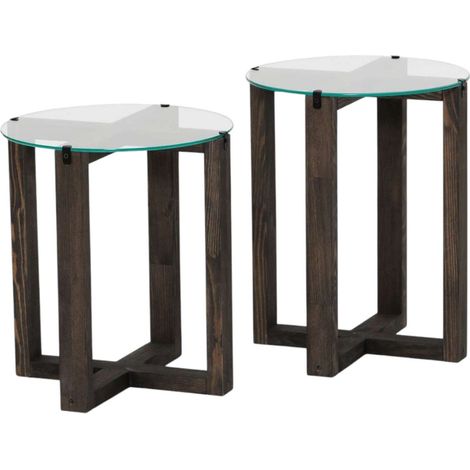 Ensemble de 2 tables d'appoint en verre et bois massif GALADRON (1/5)