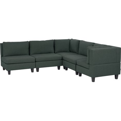 Divano componibile a 5 posti imbottito in tessuto verde scuro gambe nere lato sinistro Unstad (1/5)