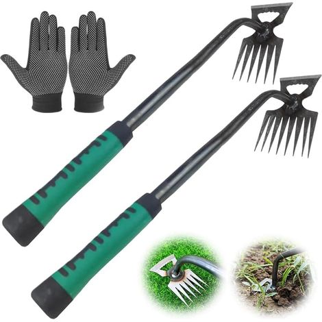 Lot 2 Desherbeurs Main, Manche, Inox, Manganèse, Râteau, Mauvaises Herbes, Jardin, Manuel, Efficace, Robuste (1/5)