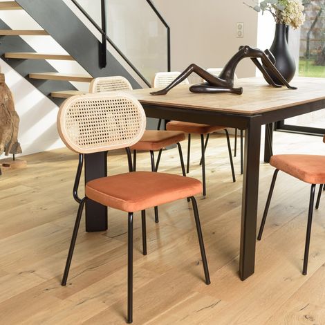 AGATHE - Lot de 2 chaises dossier rotin assise velours orange (1/5)