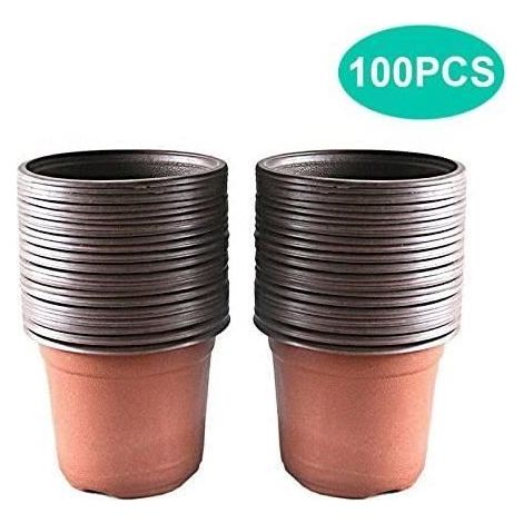 Lot de 100 Pots en Plastique pour semis et Plant, 10 cm - Marron - 8 Trous de Drainage (1/4)