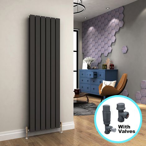 ELEGANT 1600 x 452 Vertical Radiator Anthracite Double Premium Mild Steel Flat Panel + Anthracite Thermostatic Radiator Valves (1/5)