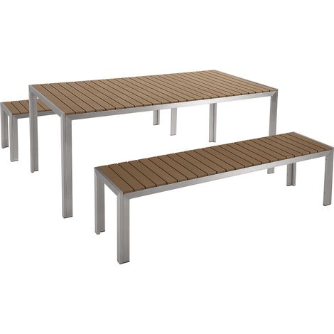 Conjunto de comedor 6 plazas de metal plateado madera clara cepillado 2 bancos Nardo (1/5)