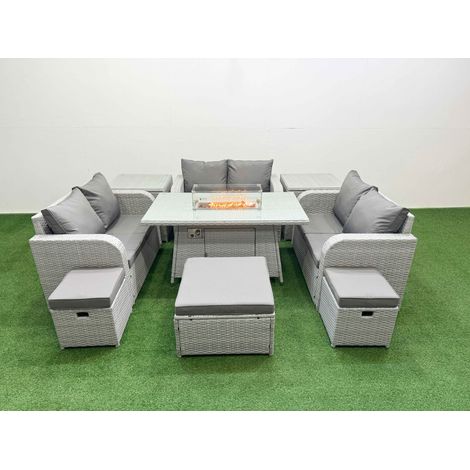 Fimous  9 Seater PE Wicker Rattan Furniture Sofa Sets with Firepit Dining Table 2 Seater Love Sofa 3 Stool 2 Side Table Light Grey (1/4)