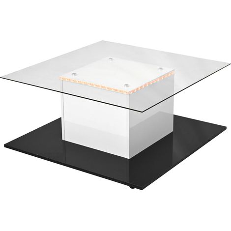 Mesa de centro de vidrio templado brillante 80 x 80 x 40 cm blanco y negro con luces LED y ruedas (1/5)