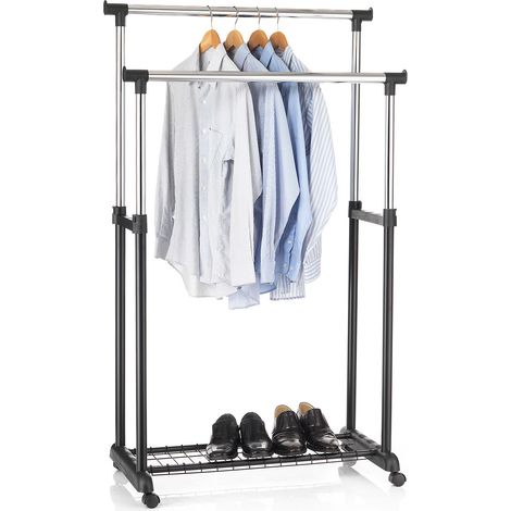Idimex – Portant à vêtements sur roulettes noir – 2 tringles – Hauteur réglable jusqu'à 164 cm – Charge max 15 kg – Design discret (1/4)