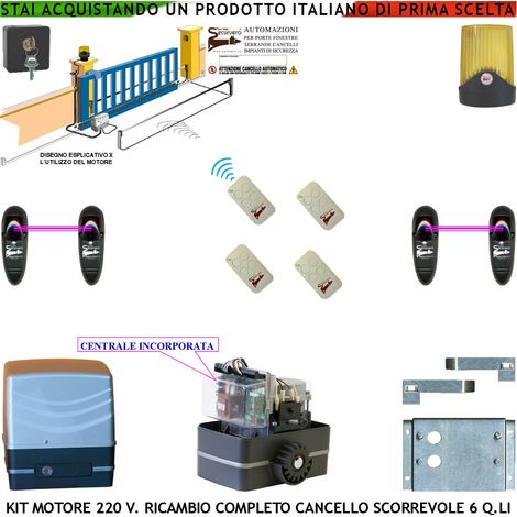 Kit Motore 230 V e Centrale Ricambio Cancello Scorrevole Traina 6 Q.li 4 Radiocomandi Faro Selettore 2 Coppie Fotocellule Pignone Acciaio M4 Z12 Fine Corsa Elettromeccanico Compatibile Altre Marche CE (1/4)