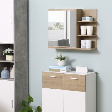 Mirroir de Salle de Bain Mural avec Porte et 3 Étagères Latérales en Bois, 60x18x50 cm (1/5)