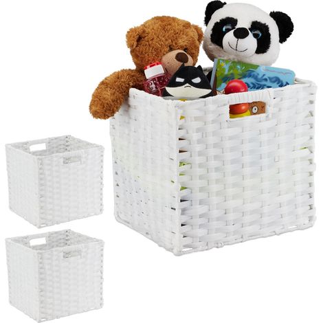 Relaxdays 3x Folding Storage Basket, Square PP Bathroom Organiser Box, Wicker-Look Shelf Bin, 31x32x30 cm, white (1/5)