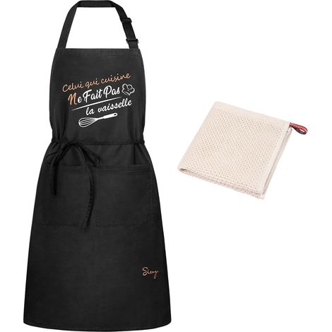 Tablier de Cuisine Homme Femme,Imperméable Tabliers avec Poches,Tablier Noir pour Barbecue Chef Jardin Café Serveur Restaurant(1x Noir Tablier + 1 X Torchon) (1/5)