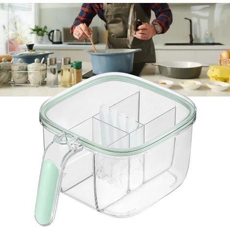 Boîte à épices à 4 compartiments avec fenêtre transparente, pot à épices robuste en PET, avec 4 cuillères pour la cuisine maison, vert clair. (1/5)