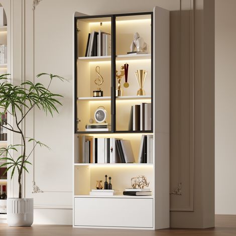 Vetrina alta bianca 80 x 34 x 180 cm con LED, 1 cassetto e ante in vetro (1/5)