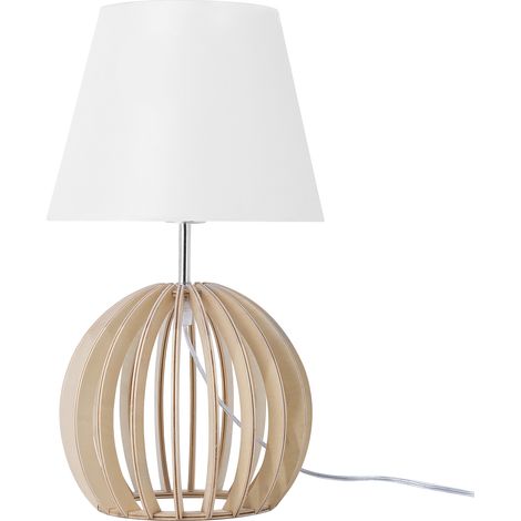 Lámpara de mesa base de madera redonda clara pantalla de tela blanca moderna Samo