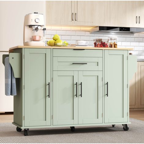 Isla de cocina móvil con encimera extensible, almacenamiento, verde antiguo DESVIAE (1/5)