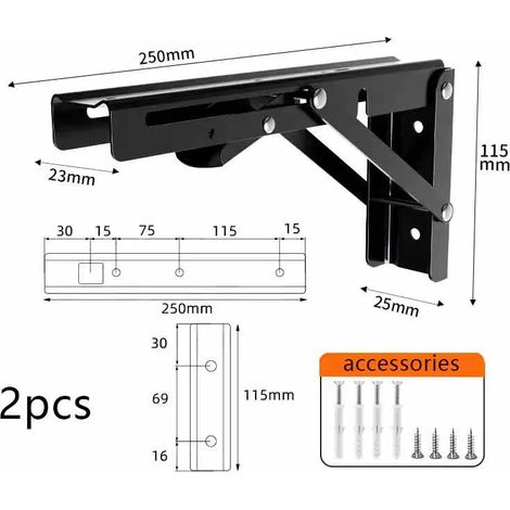 (Noir 25 x 20 cm) 2 supports d'étagère pliables en acier inoxydable robuste, pour un gain de place sur table. (1/5)