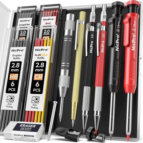15-teiliges Set – Zimmermannsbleistift – Druckbleistift – Hartmetall-Markierwerkzeug – Automatischer Körner für Bau- und Holzbearbeitung, Schwarz und Mehrfarbig, 2,0 x 45 cm (1/5)