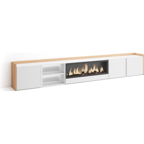 Skraut Home - Mueble TV, Televisión, Muebles de salón, almacenaje, 315x35x50cm, Para TV hasta 80", Chimenea eléctrica XXL, LED, Estilo Moderno, Blanco y roble soft (1/5)