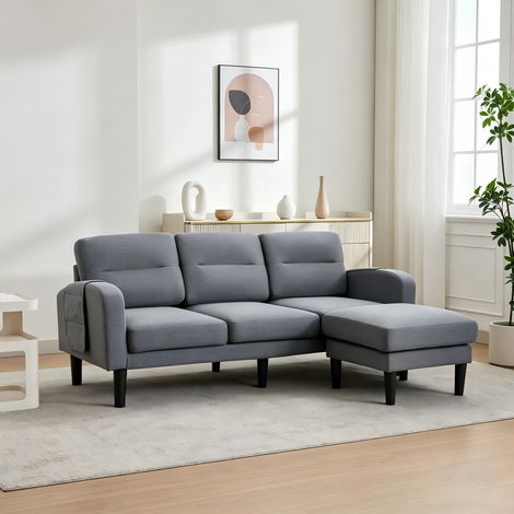 Canapé d’angle modulable 3 places avec méridienne et poches de rangement 204x136x80 cm tissu gris (1/5)