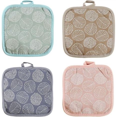 Set di 4 guanti da forno in cotone e lino resistenti al calore, con fori per appenderli, per proteggere mani e superfici (motivo a foglie).
