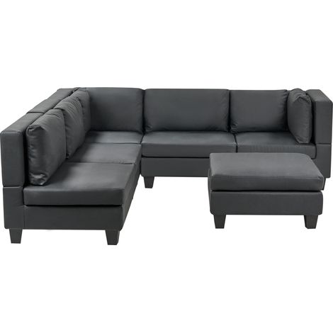 Sofá modular esquinero moderno 5 plazas tapizado piel sintética patas negras respaldo acolchado derecho con otomana negro Unstad