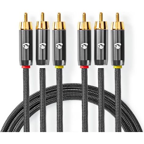 Nedis Composite-Videokabel / 3x Cinch-Stecker / 3x Cinch-Stecker / Vergoldet / 480p / 2.00 m / Rund / Baumwolle / Anthrazit / Gun Metal Grau / Verpackung mit Sichtfenster (1/5)