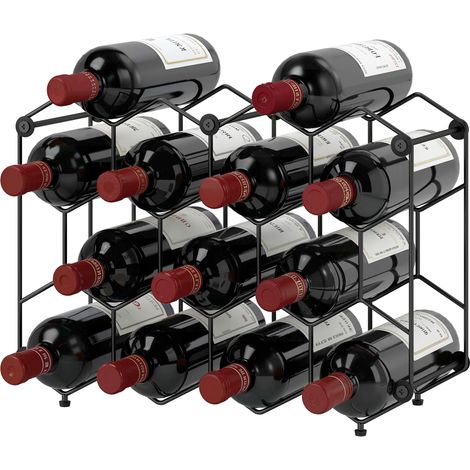 Casier à vin pour 13 bouteilles, design alvéolé, pieds réglables, dispositif anti-basculement, métal, 43 x 15,5 x 31 cm, noir