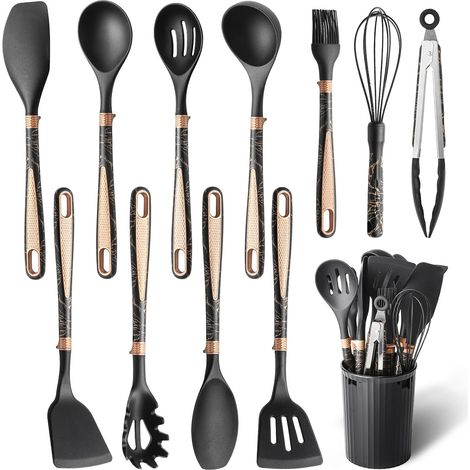 Coffret de 12 ustensiles de cuisine en silicone pour poêles antiadhésives, avec support, spatule + louche + écumoire + passoire, motif marbré noir et doré, modèle CR-BX01 (1/5)