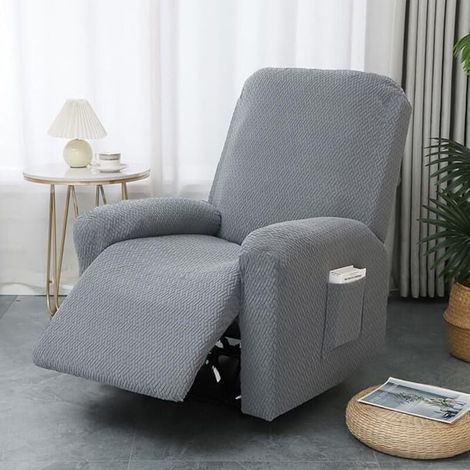 Housse de Fauteuil Relax Inclinable Electrique, Jacquard Gris Foncé Housse pour Canapé Relax, Élastique Housse de Fauteuil Extensible 4 Pièces avec Poches (1/4)