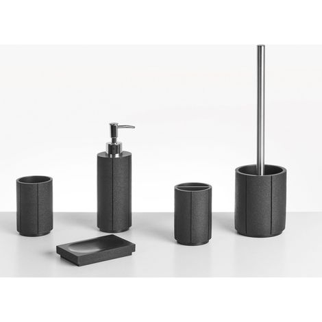 Set accessori bagno 5 pezzi portasapone, dispenser, porta scopino, bicchiere, porta spazzolini nero Huallanga
