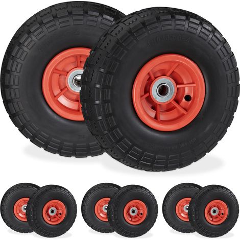 Set of 8 Relaxdays Wheelbarrow Tyres, Puncture-Proof Solid Rubber, 4.1/3.5-4, 16 mm Axle, Spare Wheel, Black/Red
